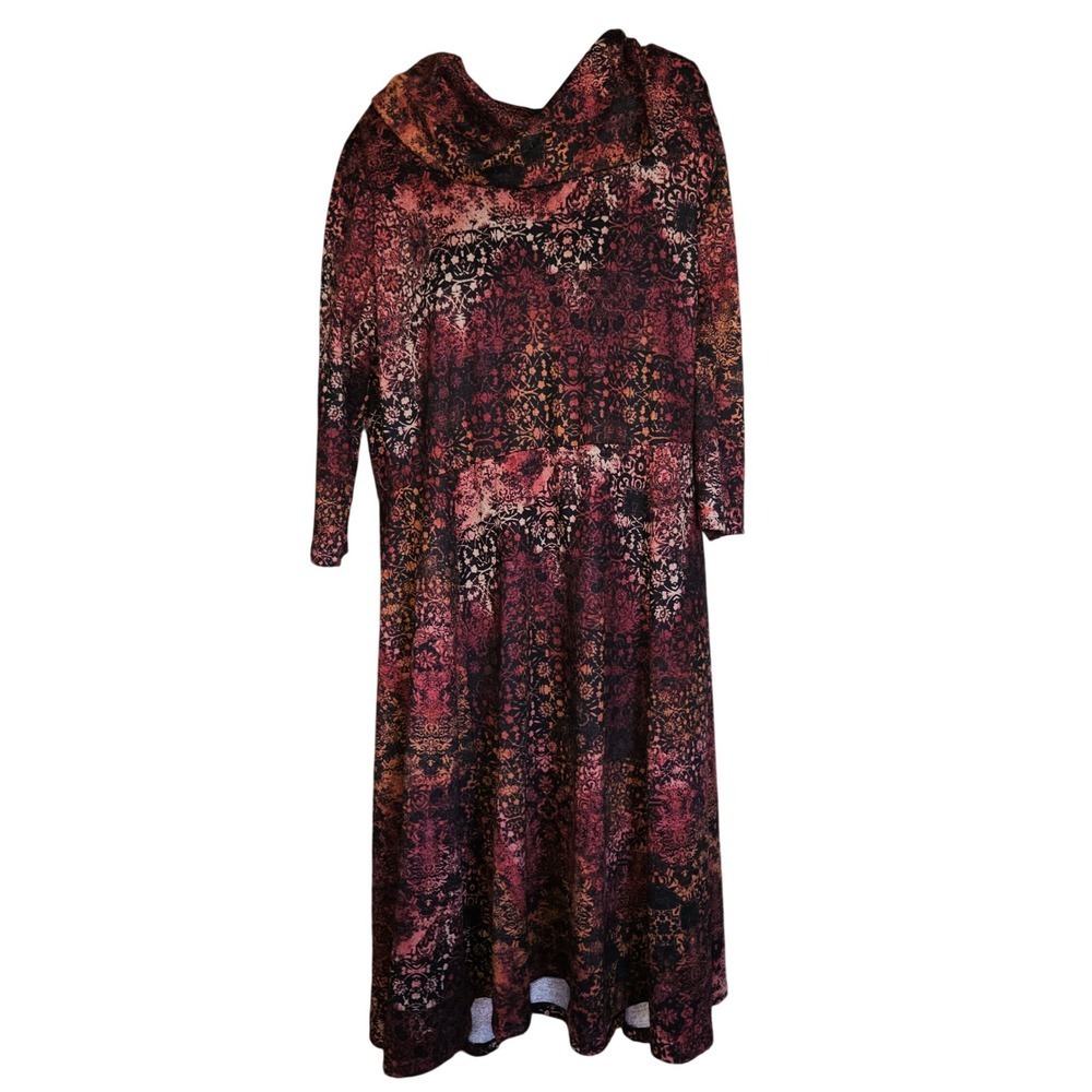 Robbie Bee Multi-Color Damask Paisley Cowl Neck 3/4 SlV Midi Dress Stretch Sz XL